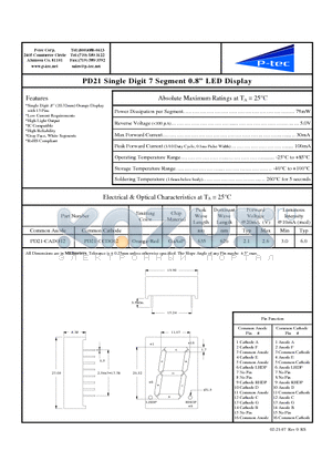 PD21-CADO12 datasheet - Single Digit 7 Segment 0.8 LED Display