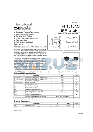 IRF1010NS datasheet - Power MOSFET(Vdss = 55 V, Rds(on)=11mohm, Id=85A)