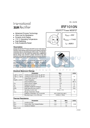 IRF1010N datasheet - Power MOSFET(Vdss=55V, Rds(on)=11mohm, Id=85A)