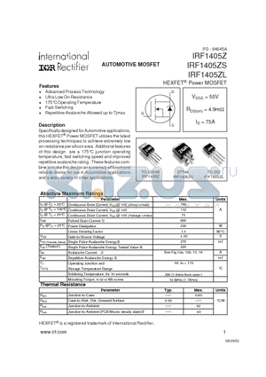 IRF1405ZL datasheet - AUTOMOTIVE MOSFET
