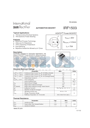 IRF1503 datasheet - AUTOMOTIVE MOSFET