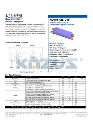 XD010-42S-D4F datasheet - 869-894 MHz Class A 8 W Power Amplifier Module