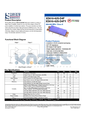 XD010-42S-D4F datasheet - 869-894 MHz Class A 8W power module