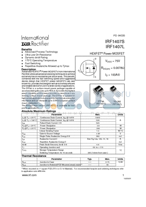 IRF1407S datasheet - Power MOSFET(Vdss = 75V, Rds(on) = 0.0078, Id = 100A)