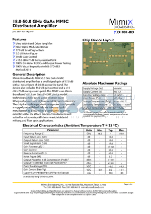 XD1001-BD-000V datasheet - 18.0-50.0 GHz GaAs MMIC Distributed Amplifier