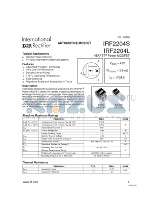 IRF2204L datasheet - AUTOMOTIVE MOSFET