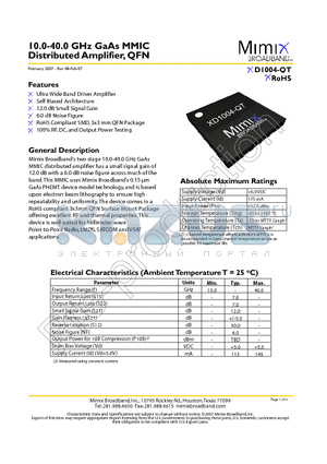 XD1004-QT-0G00 datasheet - 10.0-40.0 GHz GaAs MMIC Distributed Amplifier, QFN