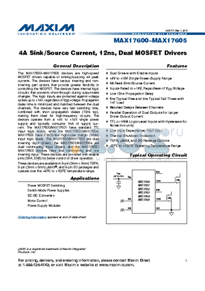 MAX17602ASA+ datasheet - 4A Sink /Source Current, 12ns, Dual MOSFET Drivers