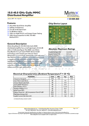 XD1005-BD-000V datasheet - 10.0-40.0 GHz GaAs MMIC Distributed Amplifier