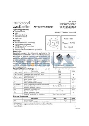 IRF2805LPBF datasheet - HEXFET Power MOSFET