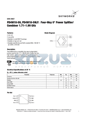 PD4W18-59 datasheet - Four-Way 0` Power Splitter/Combiner 1.71-1.99 GHz