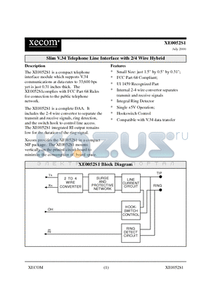 XE0052 datasheet - Slim V.34 Telephone Line Interface with 2/4 Wire Hybrid