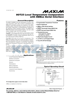 MAX1755 datasheet - SOT23 Local Temperature Comparators with SMBus Serial Interface