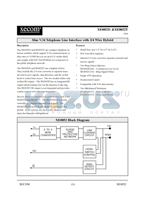 XE0052S1 datasheet - Slim V.34 Telephone Line Interface with 2/4 Wire Hybrid