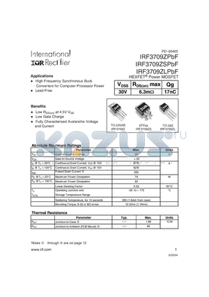 IRF3709ZPBF datasheet - HEXFET Power MOSFET