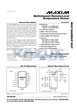 MAX1805 datasheet - Multichannel Remote/Local Temperature Sensor