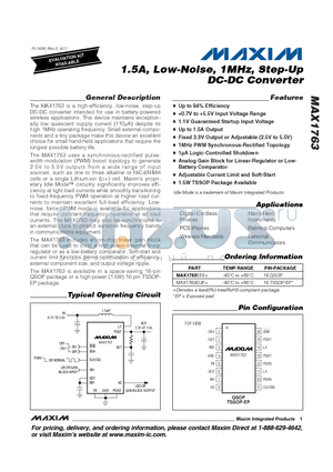 MAX1763EUE datasheet - 1.5A, Low-Noise, 1MHz, Step-Up DC-DC Converter Up to 1.5A Output