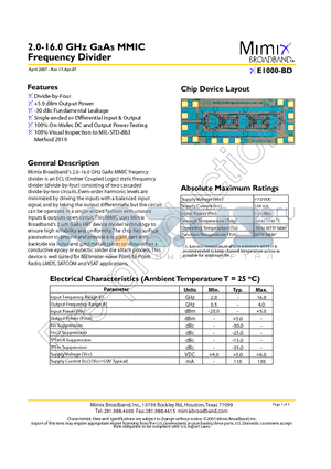 XE1000-BD-EV1 datasheet - 2.0-16.0 GHz GaAs MMIC Frequency Divider