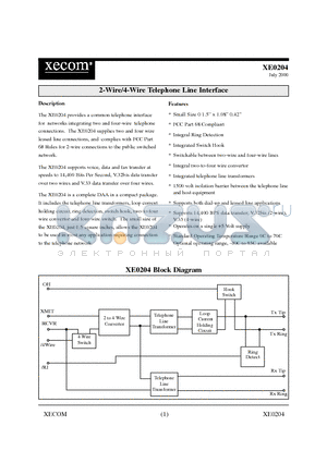 XE0204 datasheet - 2-Wire/4-Wire Telephone Line Interface
