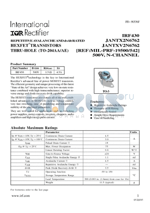 IRF430 datasheet - TRANSISTORS N-CHANNEL(Vdss=500V, Rds(on)=1.5ohm, Id=4.5A)