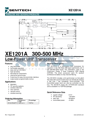 XE1201A datasheet - 300-500 MHz Low-Power UHF Transceiver