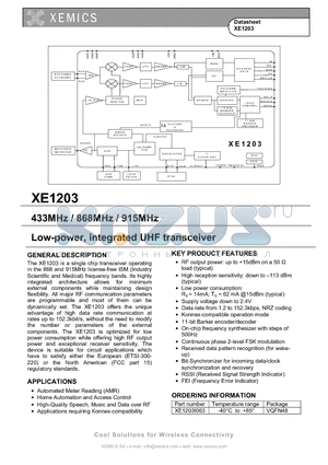 XE1203 datasheet - Low-Power, integrated UHF transceiver