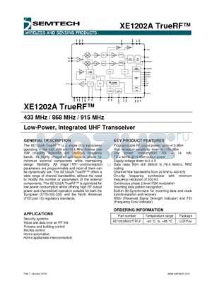 XE1202A datasheet - 433 MHz / 868 MHz / 915 MHz Low-Power, Integrated UHF Transceiver