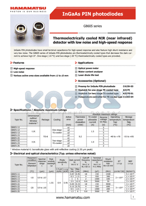 G8605-22 datasheet - Thermoelectrically cooled NIR (near infrared) detector with low noise and high-speed response