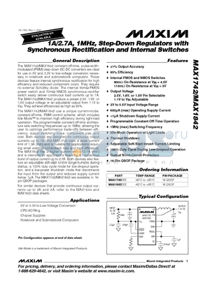 MAX1842 datasheet - 1A/2.7A, 1MHz, Step-Down Regulators with Synchronous Rectification and Internal Switches