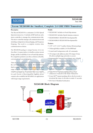 XE24S100 datasheet - Complete 2.4 GHZ FHSS Transceiver