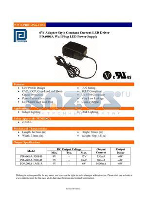PDA006A-700S-R datasheet - 6W Adapter Style Constant Current LED Driver