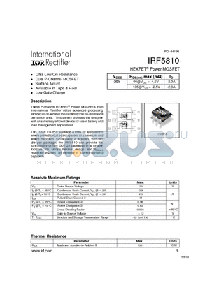 IRF5810 datasheet - Power MOSFET(Vdss=-20V)