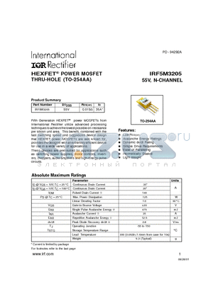 IRF5M3205 datasheet - POWER MOSFET N-CHANNEL(Vdss=55V, Rds(on)=0.015ohm, Id=35A)