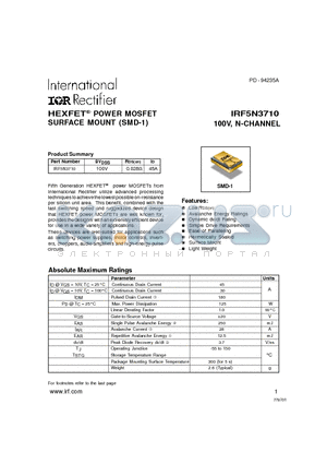 IRF5N3710 datasheet - POWER MOSFET N-CHANNEL(Vdss=100V, Rds(on)=0.028ohm, Id=45A)