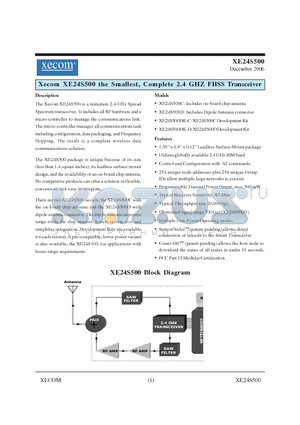 XE24S500 datasheet - Complete 2.4 GHZ FHSS Transceiver