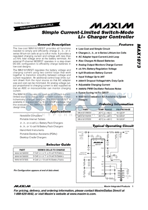MAX1873TEEE datasheet - Simple Current-Limited Switch-Mode Li Charger Controller