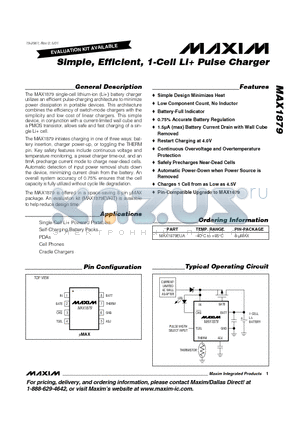 MAX1879 datasheet - Simple, Efficient, 1-Cell Li Pulse Charger