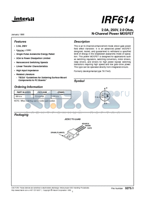 IRF614 datasheet - 2.0A, 250V, 2.0 Ohm, N-Channel Power MOSFET