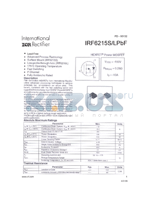 IRF6215LPBF datasheet - HEXFET POWER MOSFET ( VDSS=-150V , RDS(on)=0.29Y , ID=-13A )