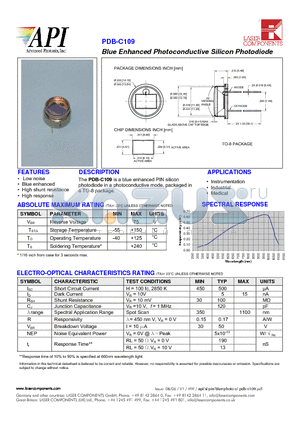 PDB-C109 datasheet - Blue Enhanced Photoconductive Silicon Photodiode
