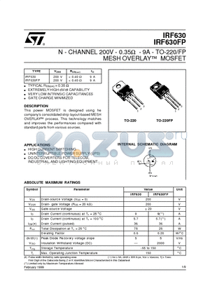 IRF630FP datasheet - N - CHANNEL 200V - 0.35ihm - 9A - TO-220/FP MESH OVERLAY] MOSFET