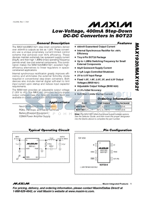 MAX1921 datasheet - Low-Voltage, 400mA Step-Down DC-DC Converters in SOT23