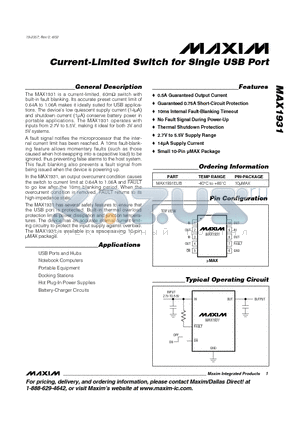 MAX1931EUB datasheet - Current-Limited Switch for Single USB Port