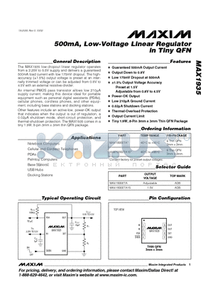 MAX1935ETA15 datasheet - 500mA, Low-Voltage Linear Regulator in Tiny QFN