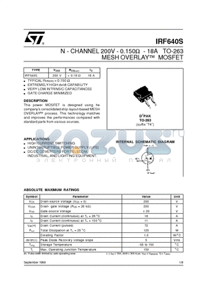 IRF640S datasheet - N - CHANNEL 200V - 0.150ohm - 18A TO-263 MESH OVERLAY] MOSFET