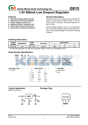 G915T24B datasheet - 1.5V 600mA Low Dropout Regulator