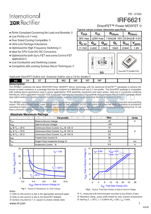 IRF6621 datasheet - The IRF6621 combines the latest HEXFET Power MOSFET Silicon technology with the advanced DirectFET packaging to achieve the lowest on-state resistance