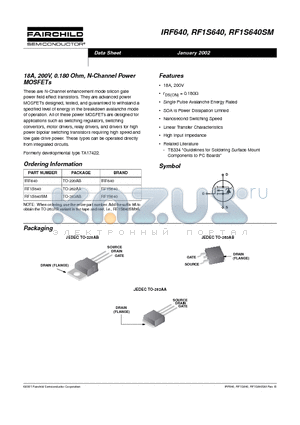 IRF640 datasheet - 18A, 200V, 0.180 Ohm, N-Channel Power MOSFETs