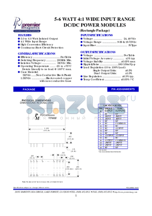 PDCD06071K datasheet - 5-6 WATT 4:1 WIDE INPUT RANGE DC/DC POWER MODULES (Rectangle Package)
