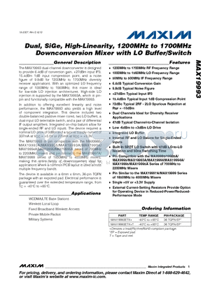 MAX19993ETX+ datasheet - Dual, SiGe, High-Linearity, 1200MHz to 1700MHz Downconversion Mixer with LO Buffer/Switch